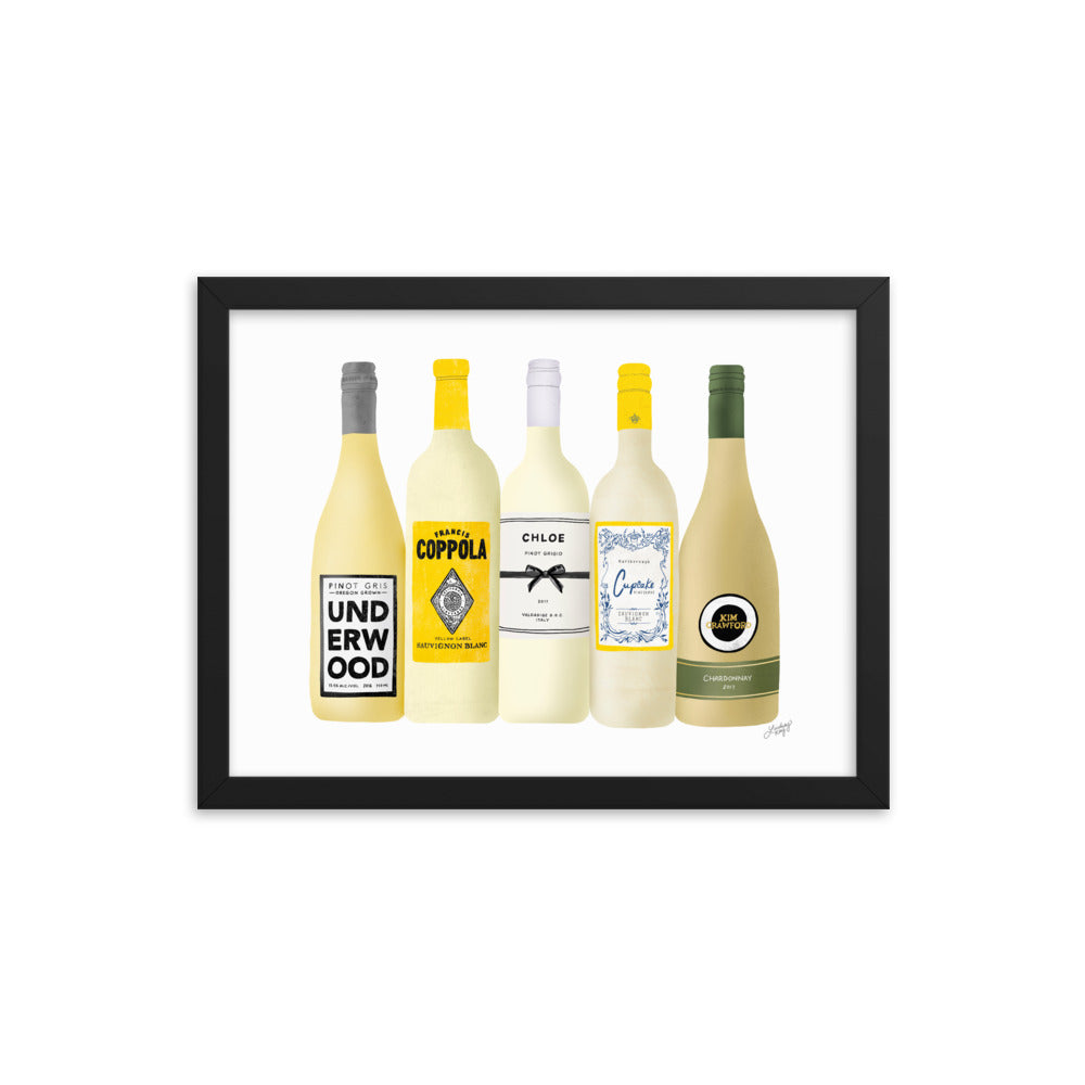 Ilustración de botellas de vino blanco - Impresión mate enmarcada